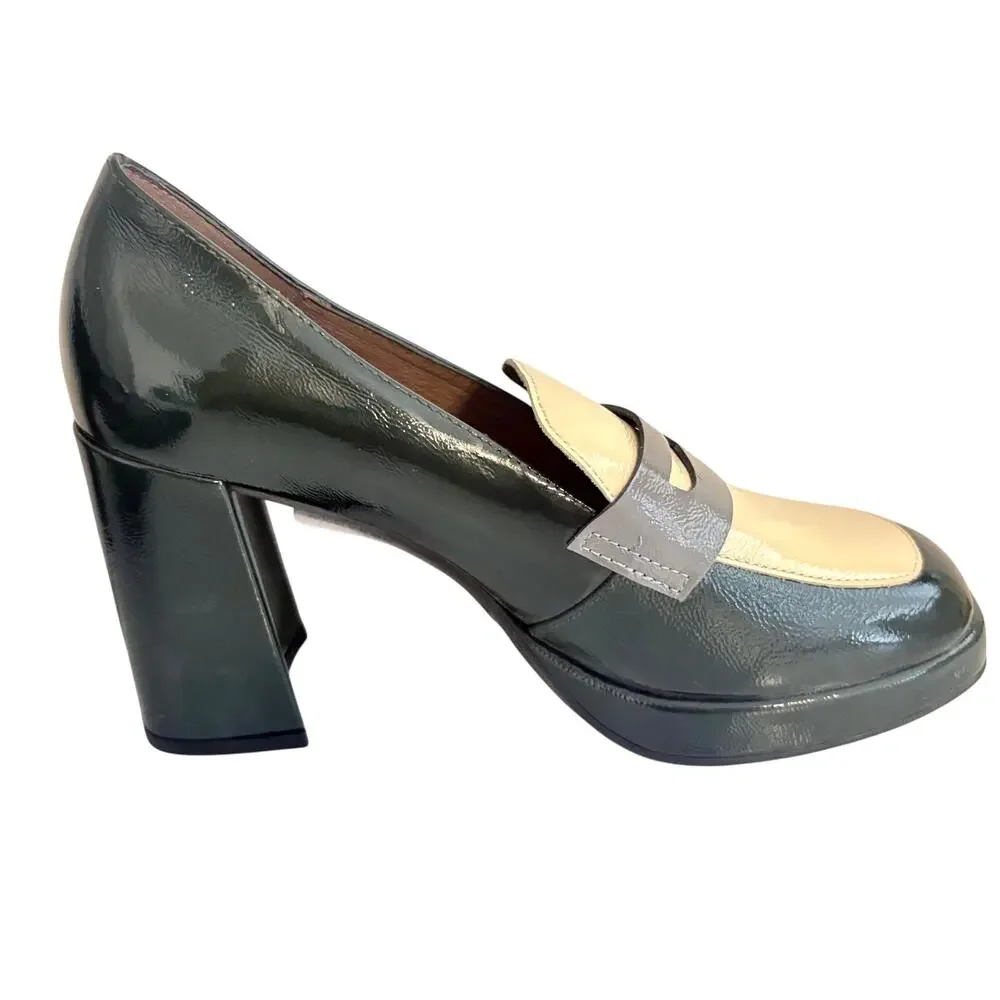 NWT Wonders Spain Forest Green Block Heel Shiny Leather Penny Loafers Pumps